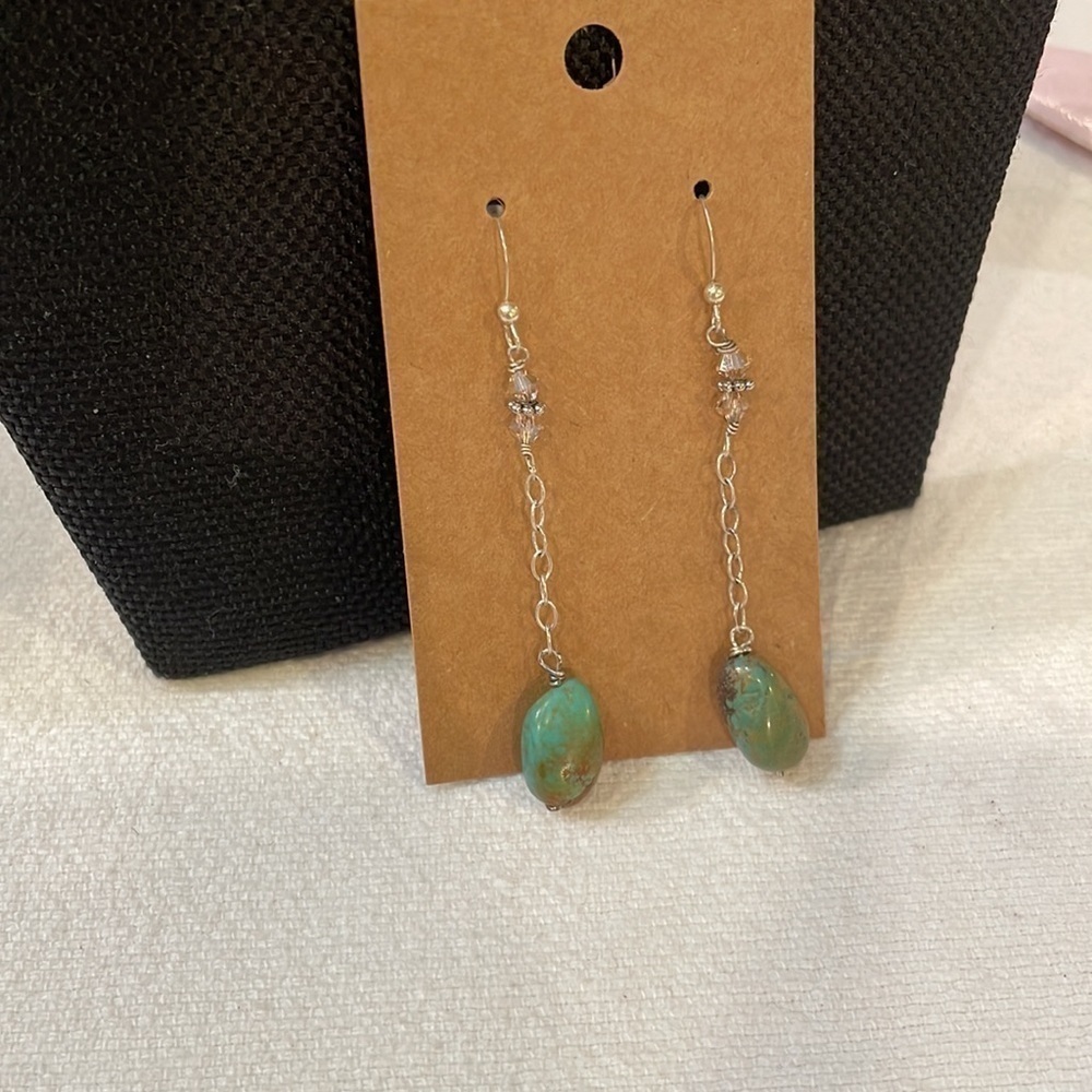 Sterling silver dainty chain glass bead turquoise stone long dangle